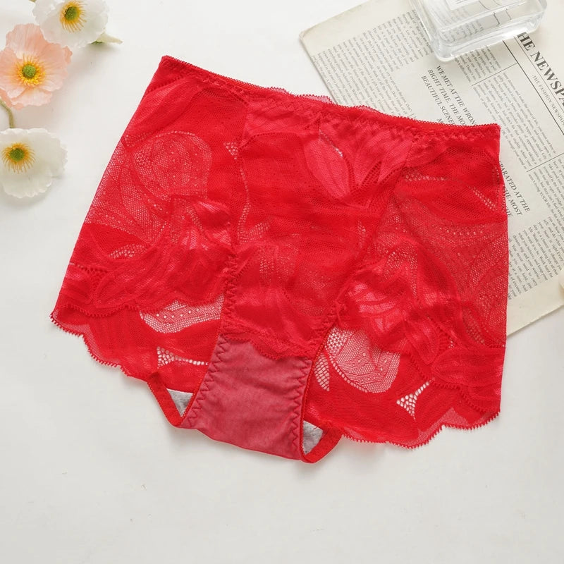 L-2XL High Waist Lace Panties for Women Sexy Hollow Briefs Transparent Large Size Underwear Female Summer Thin Underpanties