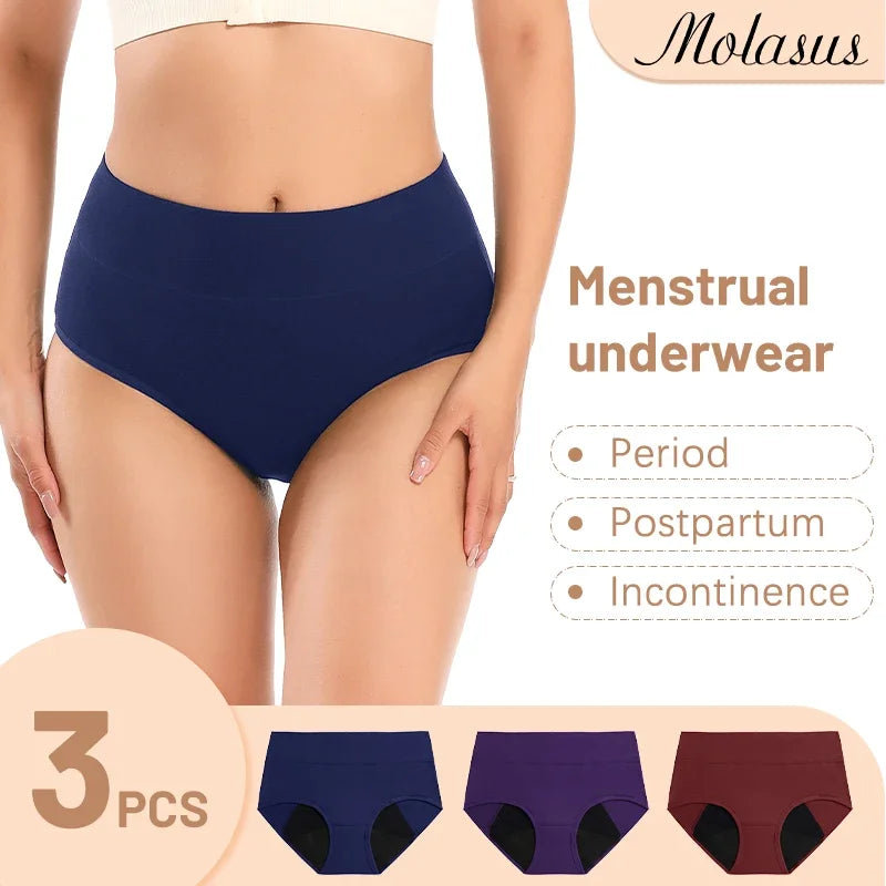 Molasus 3pcs Women Menstrual Period Panties High Absorbency Leak Proof High Waisted Underwear Heavy Flow Incontinence Briefs Set