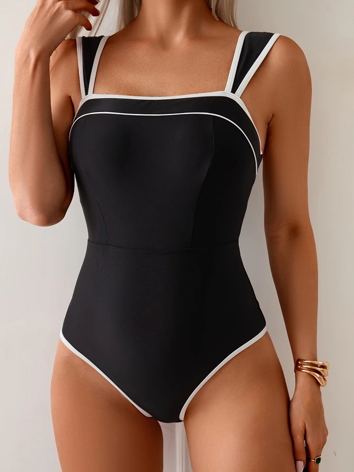 Vintage Black White Contrast Swimwear Women Sexy Push Up Slim Tummy Control One Piece Swimsuit Beach Bathing Suit Pool Monokini