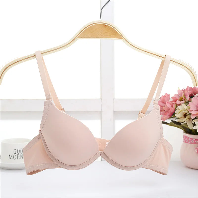 Japanese-Style Simple Plain Girl Push Up Bra Summer Thin Cup Gathered Bust Small Chest Sexy Bralette Underwear Female Deep U Bra