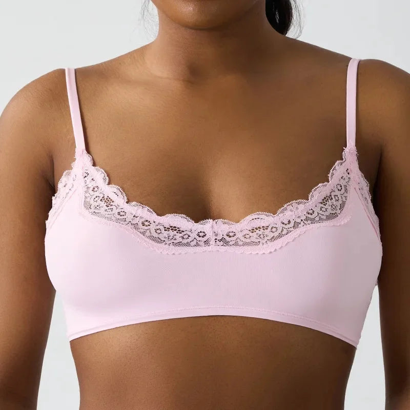 French Style Lace Scoop Bralette High Elasticity No Underwire Full Coverage Underwear Comfortable Soft Fabric Breathable