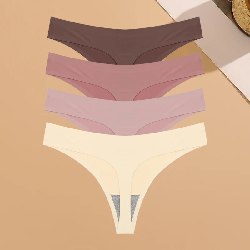 4PCS Ultra-thin Seamless Underwear Women's Invisible Panties Sexy Ice Silk Thongs Low Waist Breathable Bikini Stretchy Lingerie